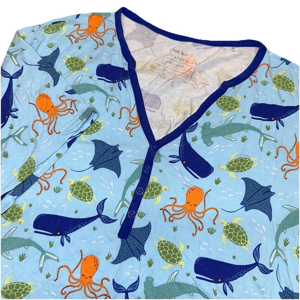 Little Sleepies Marine Life Blue Short Sleeve Bamboo Pajama Top Shirt Women's XL